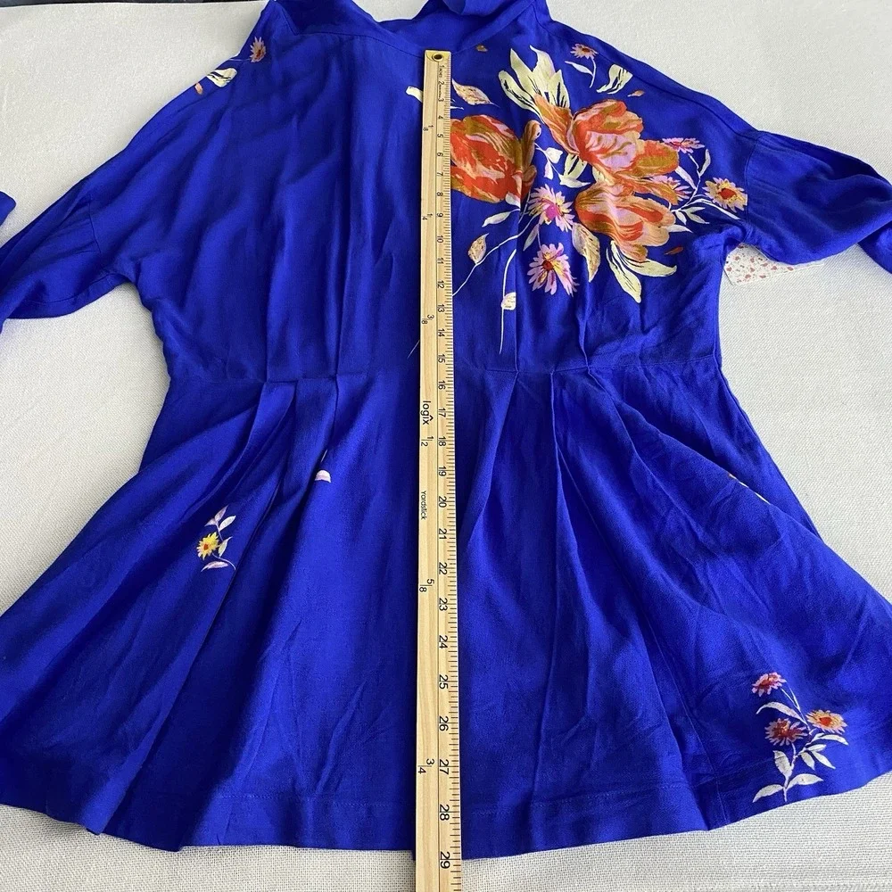 Free People Gemma Blue Floral Choker‎ Neck Cut Out Back Tunic Mini Dress Medium